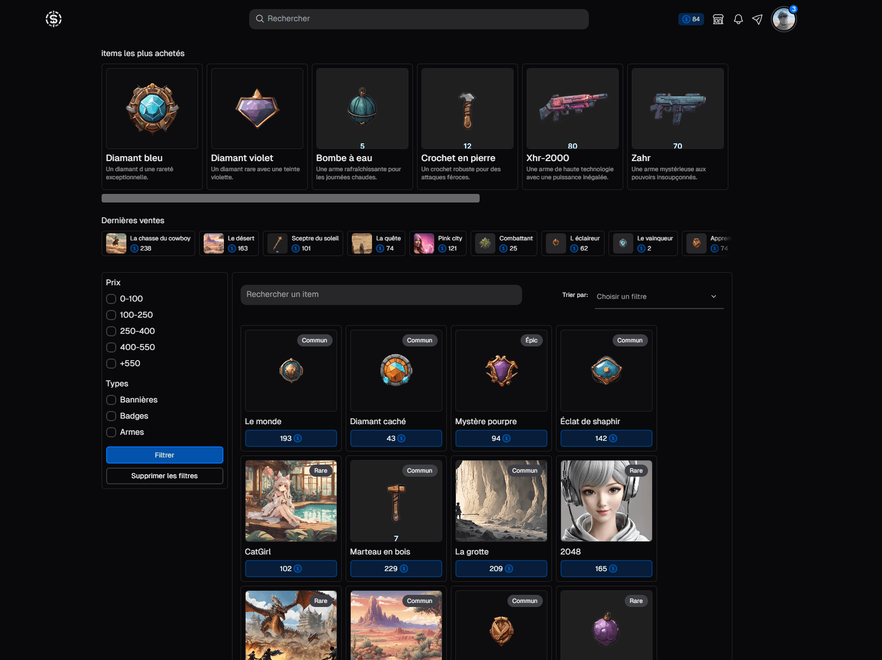 Marketplace pour vendre et acheter des items